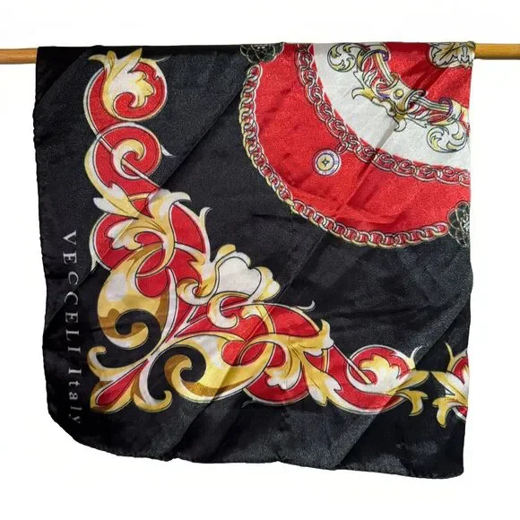 Vecceli Italy Satin Scarf 21.25” x 22” Baroque Red Black Gold Square Elegant - Picture 3 of 3